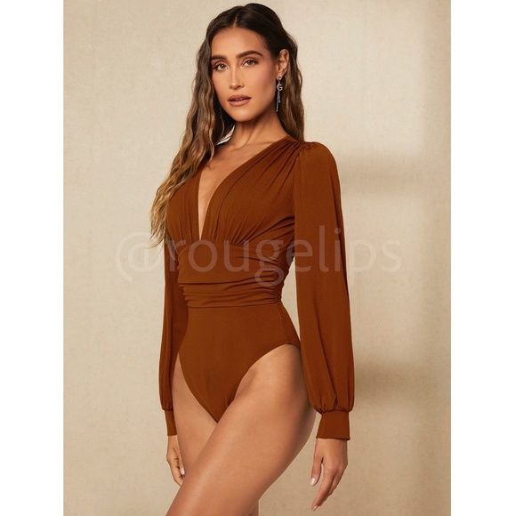 Rusty Brown Elegant V neck Bodysuit Long Bishop Sleeves Stretchy Ruched Waist - Picture 2 of 8
